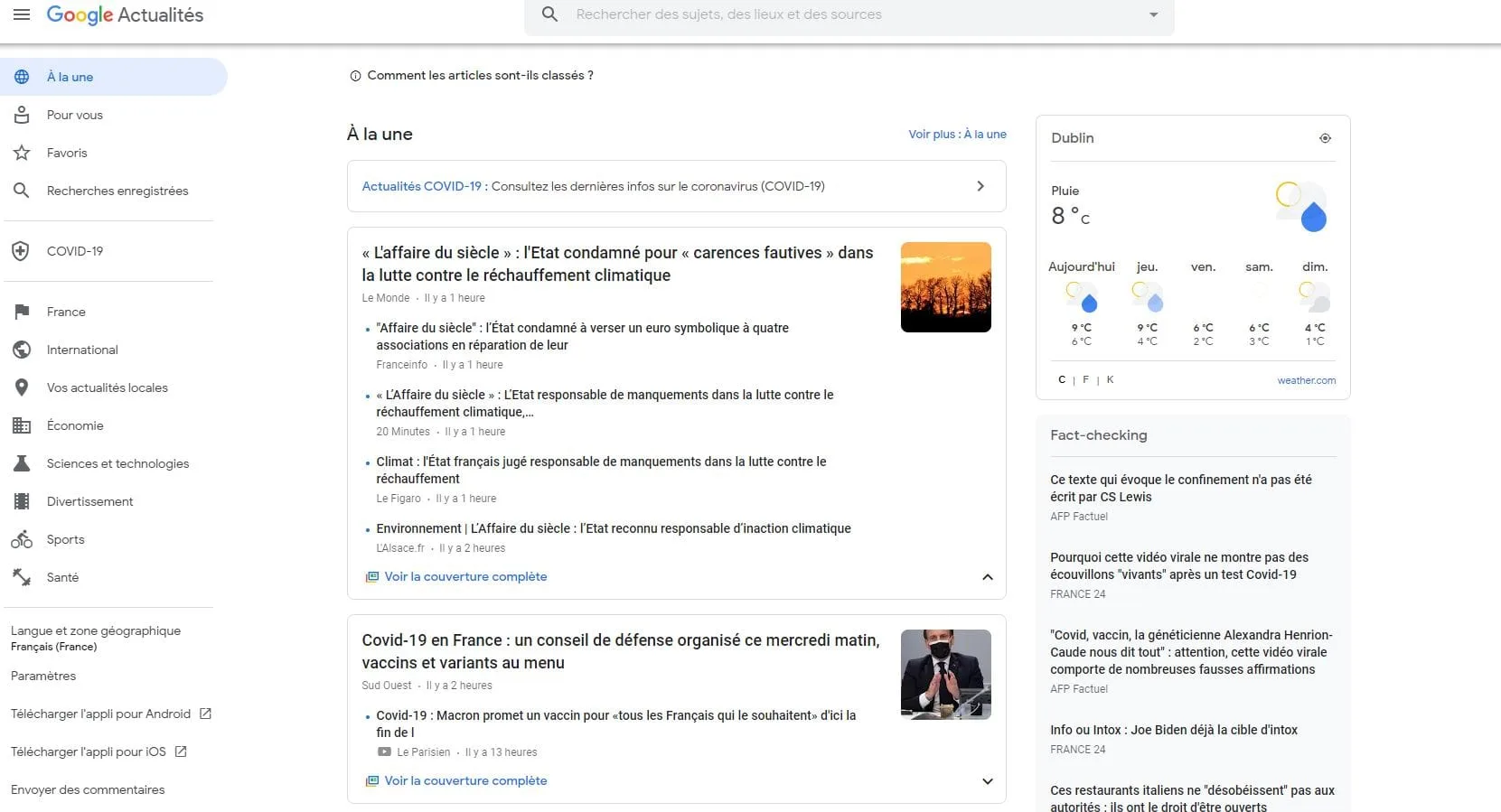 Page d'accueil news Google Actualité