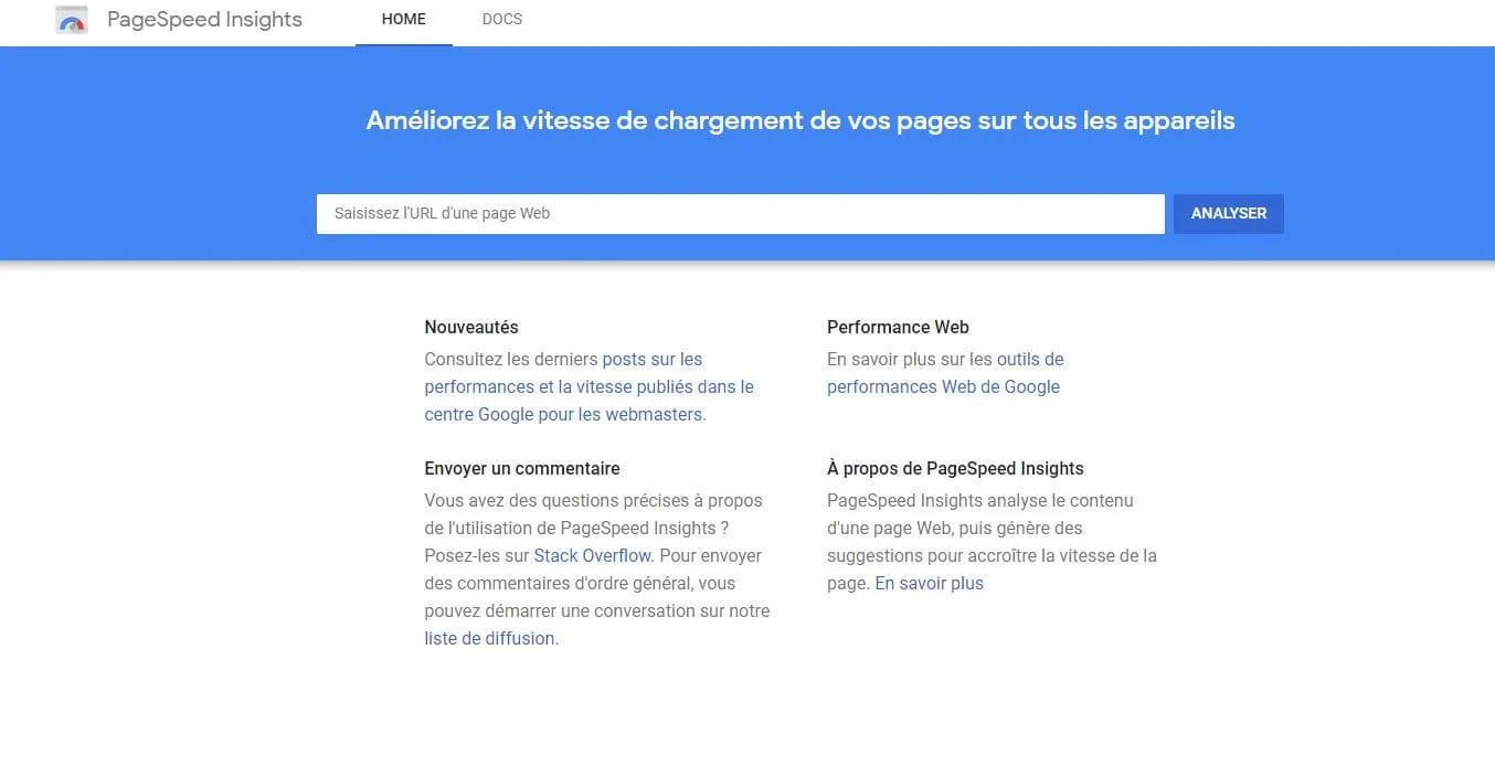 Outil de mesure Core web vitals : Page speed insights