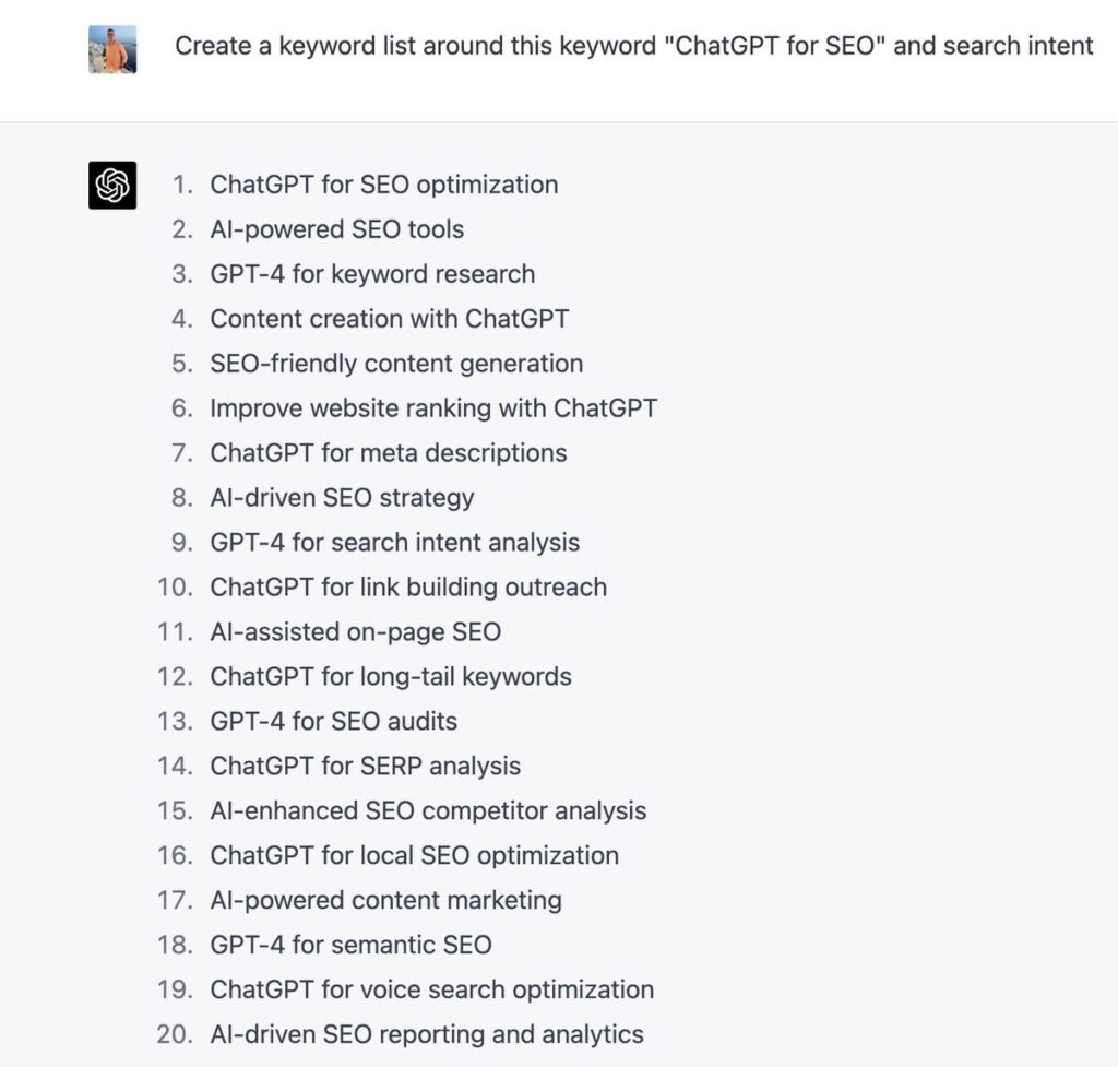 keyword list around a specific niche with ChatGPT