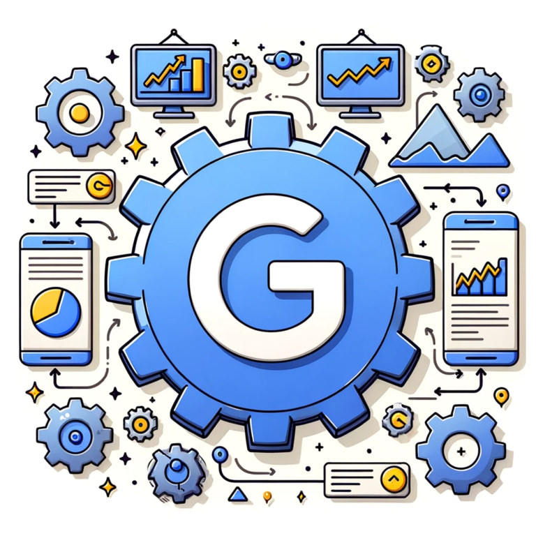 Illustration of a large Google Ads logo in the center. Surrounding it are smaller icons representing scripts, gears for automation, and charts for per.png