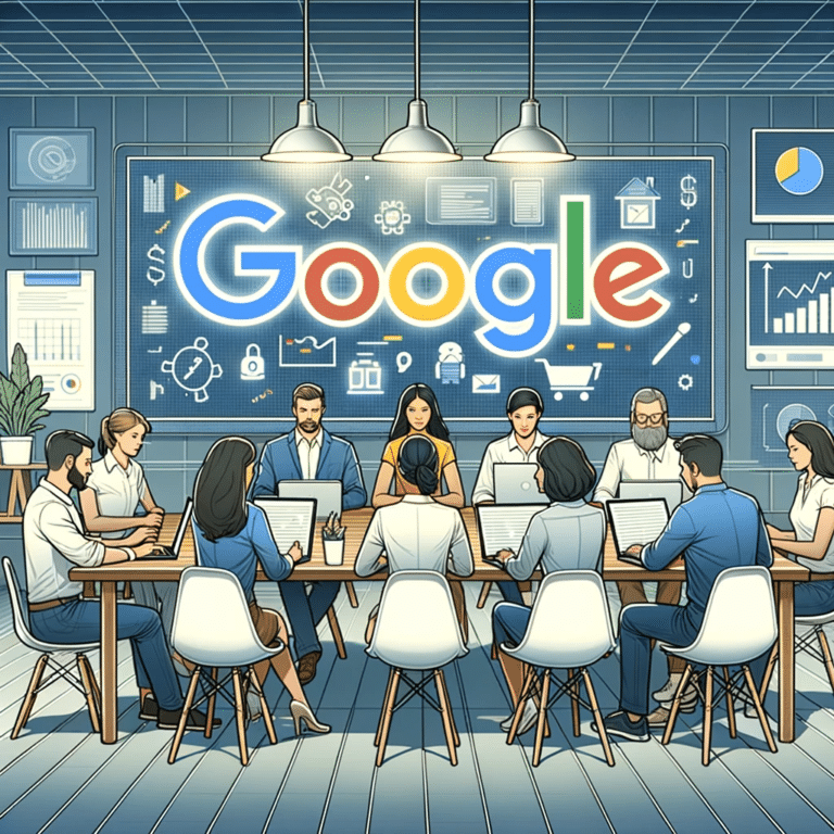 Illustration of a contemporary workspace with Google Ads logos prominently displayed on the walls