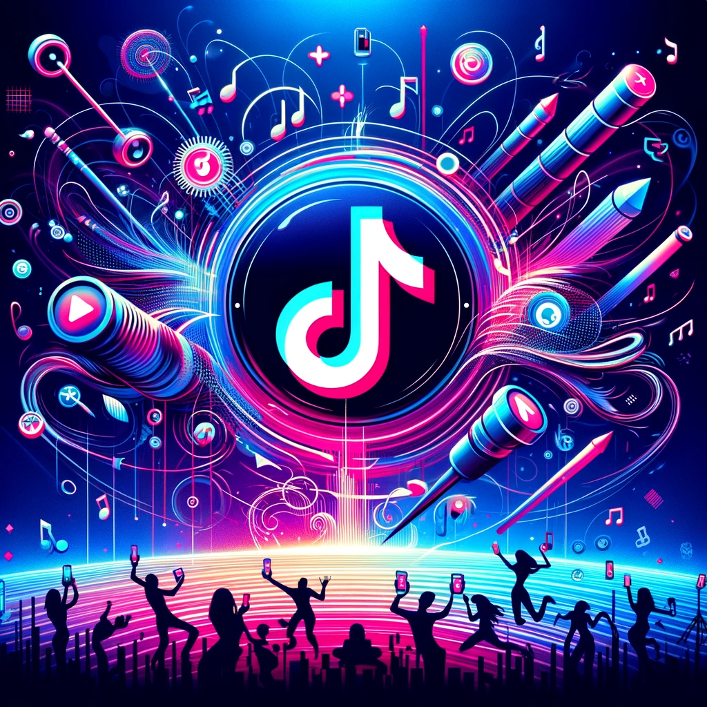 tiktok ads agency Tiktok ads Illustrate a vibrant and dynamic advertisement world inspired by the concept of video marketing. The centerpiece should be a logo resembling a music n